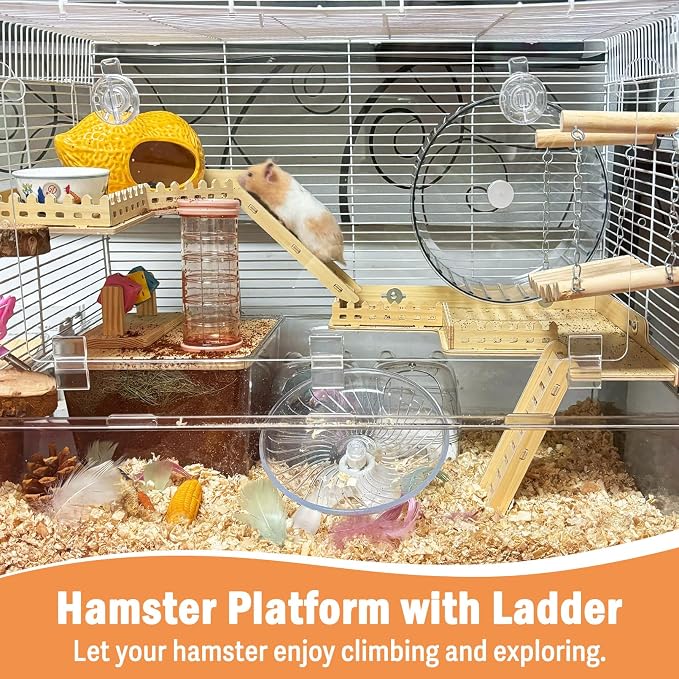 Fhiny 2-Tier Hanging Gerbil Climbing Platform with Ladder & Fence, Wooden Platform for Cage, Hamster Activity Playground Habitat Decor, Cage Accessories for Dwarf Hamster Gerbil Mice Rat Mouse