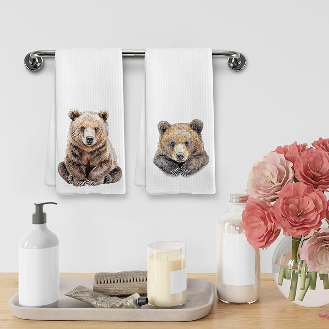 Funny Bear Kitchen Towels and Dishcloths Sets of 2, Bear Decor Gifts, Woodsy Rustic Cabin Lodge Forest Mountain Nursery Camper Home Decor Dish Hand Tea Towels for Bathroom Kitchen, 16x24 Inch