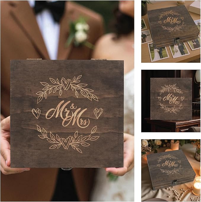 Mr and Mrs Wedding Memory Box -Wooden Keepsake Box with Lid for Couples - Rustic Storage Box for Cards, Photos, Vows, and Mementos – Ideal for Wedding, Engagement, or Anniversary