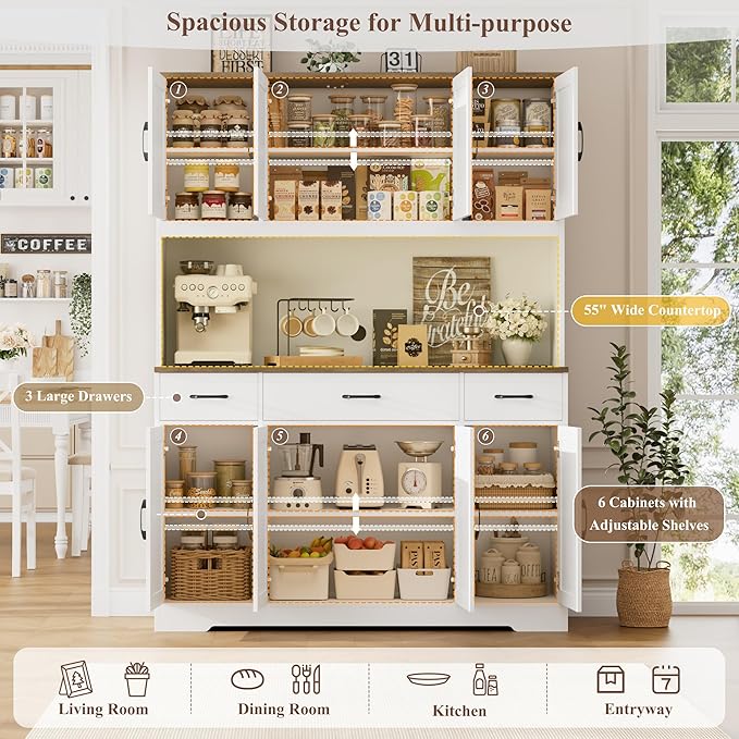 HOSTACK 71" Large Pantry Cabinet with Charging Station, 55" Wide Kitchen Pantry Storage Cabinet with Countertop, Tall Kitchen Hutch with Drawers and Power Outlet for Dining Room, White