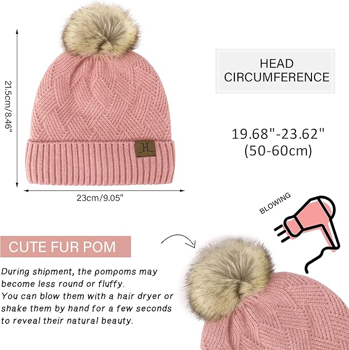 Womens Winter Warm Knit Beanie Hat Long Scarf Touchscreen Gloves Set with Fleece Lined Pom Skull Cap Gifts for Women
