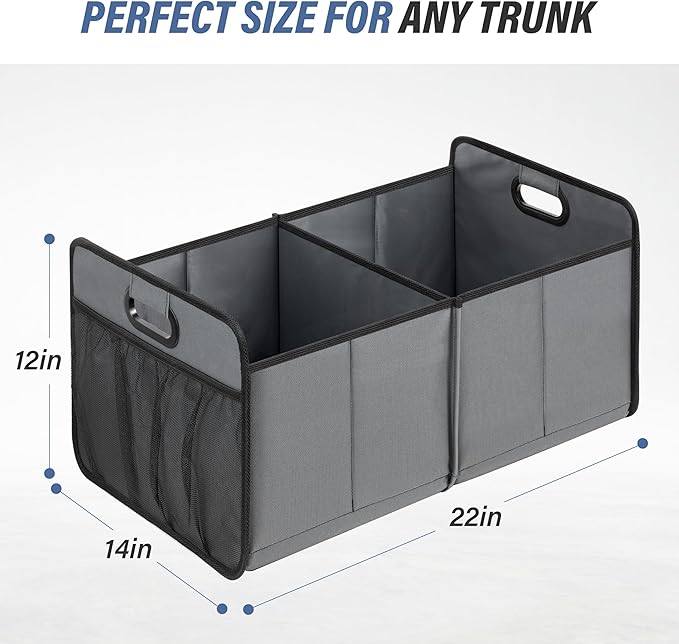 Simple Deluxe Car Trunk Organizer, Collapsible 2 Compartments Trunk Storage, Anti-slip Design, Made of Waterproof 600D Oxford Polyester, Suitable for SUV, Minivan, Truck, Standard Size, Grey