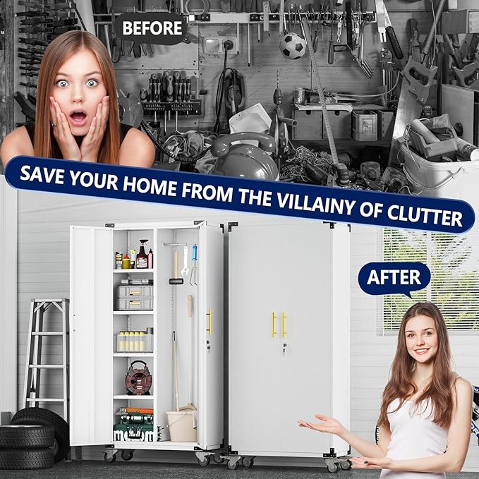 71" Broom Storage Cabinet, Cleaning Tool Storage Cabinet, Garage Utility Storage with Hooks and Hanging Rods, Heavy Duty Garden Tool Organizer, for Home, Garage, Laundry Room, Gym, Workshop