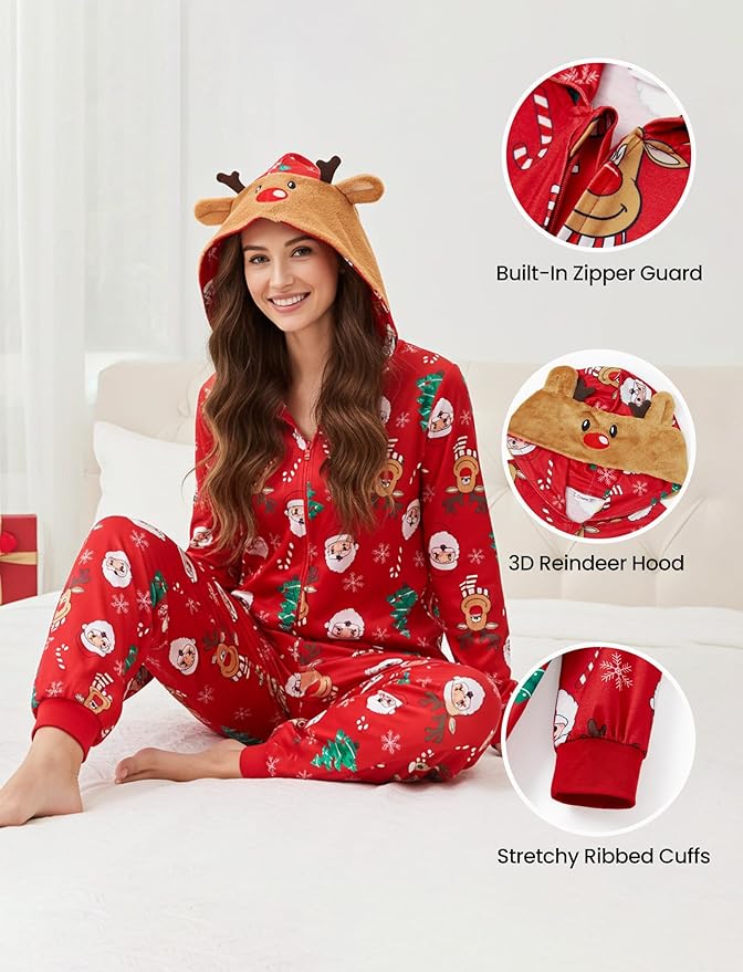 PATPAT Matching Family Christmas Onesie Pajamas – Holiday Hooded Jumpsuit Sleepwear PJs Couples Xmas Loungewear with Socks