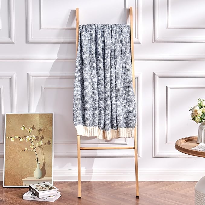 CozeCube Super Soft Fullfy Microfiber Reversible Knitted Blankets, Warm Cozy Fuzzy Plush Throw, Dusty Blue and White Melange Throw Blanket for Couch Bed Sofa, 60" x 80"
