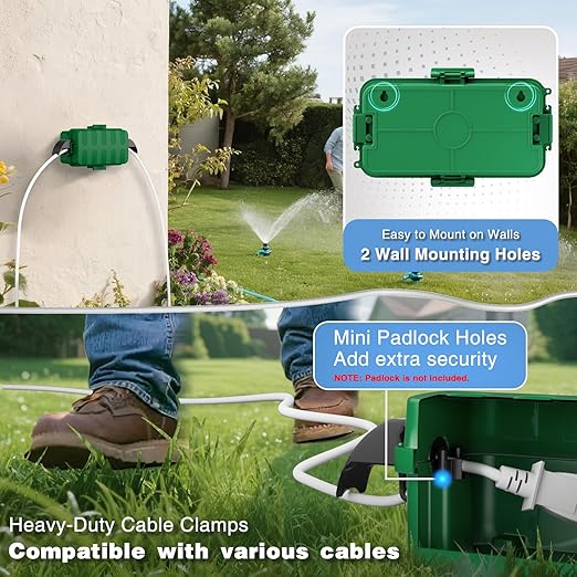 FLEMOON IP55 Outdoor Electrical Box Waterproof with Detachable Awning Covers, 8.3 x 4.1 x 3.7 inch Weatherproof Extension Cord Cover, Easy Installation for Outdoor Plug, Outlet, String Lights, Green