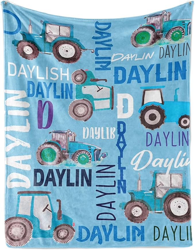 Personalized Tractors Blanket - Custom Name with Farm Tractor Trucks Design - Soft Plush Flannel Bed Blanket for Baby Kid Teen Boys Girls Customized Gifts Light Blue