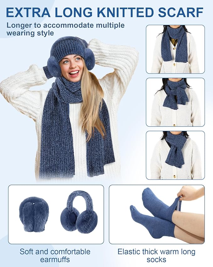Geyoga 6 Pcs Winter Knit Set Beanie Hat Long Scarf Touchscreen Gloves Ear Muff Socks Warm Valentine Gift for Women Men Snow(Blue,Classic Style)