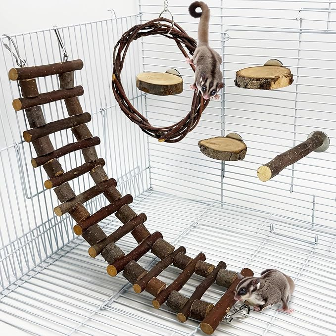 BNOSDM Sugar Glide Cage Accessories 6 Packs Wood Sugar Glider Toys Hanging Cage Ladder Sugar Glider Perch Stand Climbing Platform for Hamster Squirrel