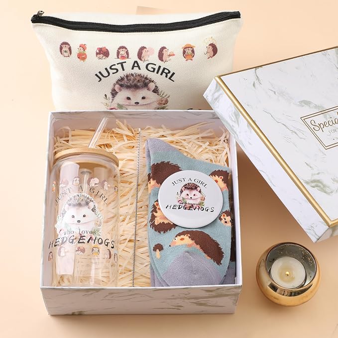 Kacctyen 5 Pcs Christmas Hedgehog Gift for Women Hedgehog Accessories 16oz Glass Cup Tumbler with Lid Straw Makeup Cosmetic Bag Pocket Mirror Sock for Daughter Sister Bestie Birthday Animal Lover Gift