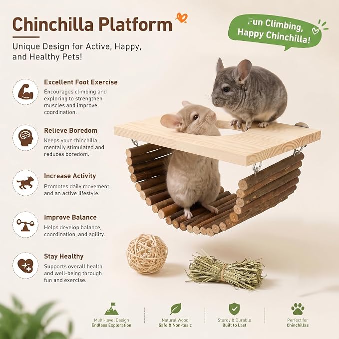 Natural Wood Chinchilla Platform, Small Pet Climbing Playground, Small Animals Cage Accessories for Chinchillas Squirrels Gerbils Sugar Gliders Hamsters Mice Rats Parrots