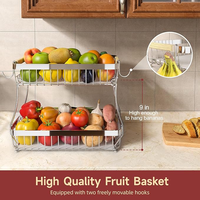 2 Tier Large Fruit Basket for Kitchen Counter with 2 Mobile Banana Hangers, 2026 Pro Detachable Metal Fruit Bowl with Wooden Handle (Silver, 2 Tier Extra Large)