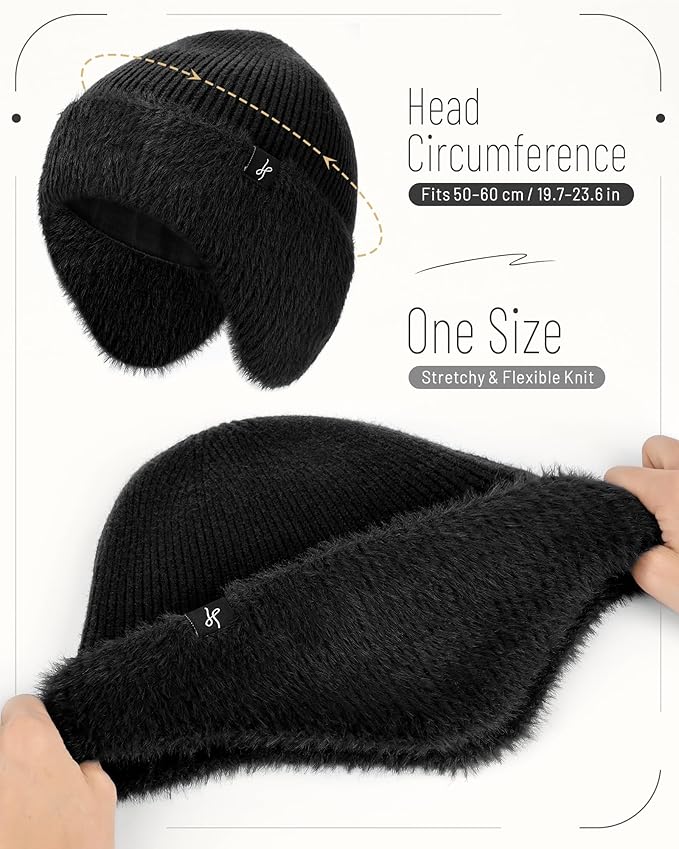 Winter Fleece-Lined Beanie with Earflaps, Warm Windproof Unisex Beanie Hat for Skiing, Hiking & Outdoor Winter Sports