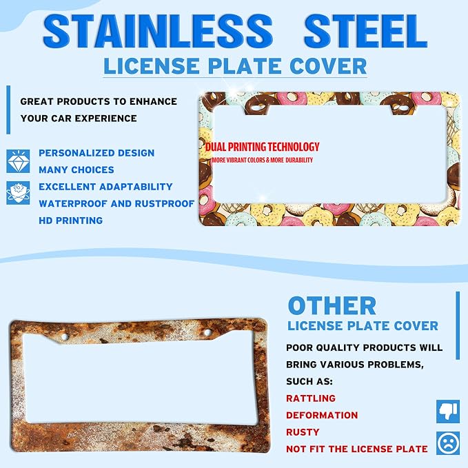 Colorful Donuts Cartoon License Plate Frame Stainless Steel 6.3 X 12.2 Inch | Fits US Standard With Screws Rust Resistant For Car Front Rear Decoration Accessories Easy Installation For Cars SUV Truck