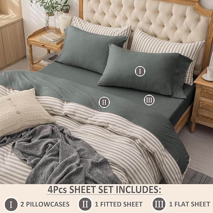 PURE ERA Jersey Knit 4pc Bed Sheet Set 100% T-Shirt Cotton Super Soft Comfy Breathable Fits Mattress Up to 20" Extra Deep Pocket (Solid Dark Greenish Gray, Full)