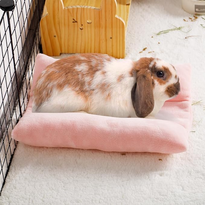 MEWTOGO 15.7" x 14" Bunny Bed for Rabbit Cage, Thickened & Soft | Prevent Sore Hocks Plush Mat with Cotton Lounger Pillows, Small Animal Flop Mat for Hutch Sleeping Indoor, Pink
