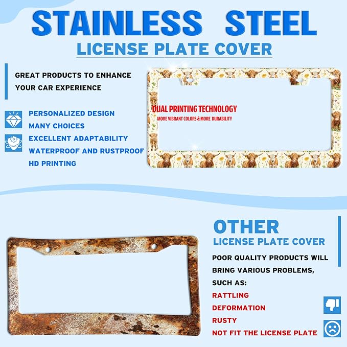 Highland Cow Flowers License Plate Frame Stainless Steel 6.3 X 12.2 Inch | Fits US Standard With Screws Rust Resistant For Car Front Rear Decoration Accessories Easy Installation For Cars SUV Truck
