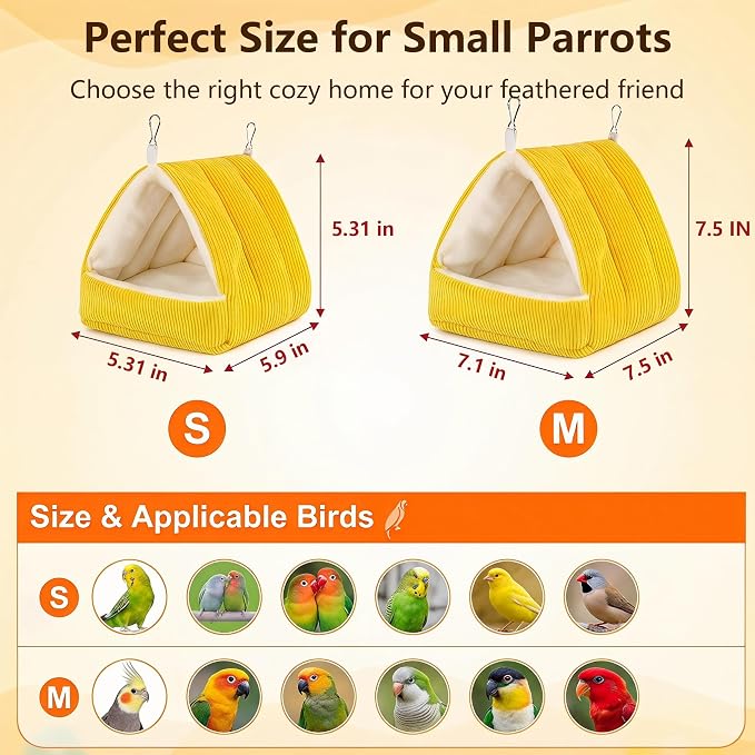 Small Winter Warm Plush Bird Nest Bed for Cage (Small, Yellow) | Soft Hanging Bird Hammock Hideaway Hut for Budgies,Cockatiels,Parakeets,Small Medium Birds and Guinea Pig,Washable Bird Bed