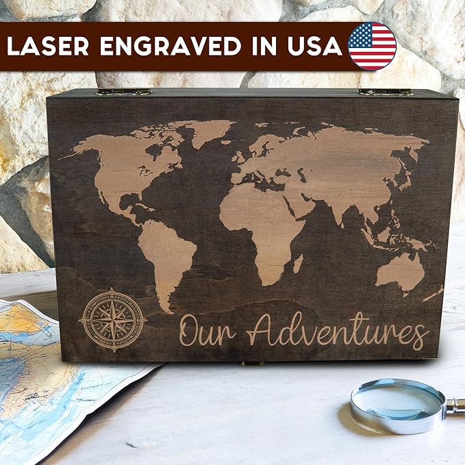 Engraved Adventure Memory Box – Wooden Keepsake Box for Travel, Camping, and Life Milestones – Medium Size – Dark Walnut Finish – 8.5 x 6 x 3 in