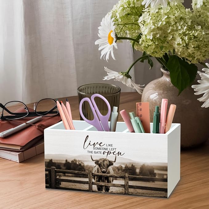 DILSJ Inspirational Highland Cow Pen Pencil Holder Organizer for Desk, Highland Cow Gifts, Rustic Live Like Someone Left the Gate Open Wooden Box Signs for Home Office Desk Tabletop Decoration