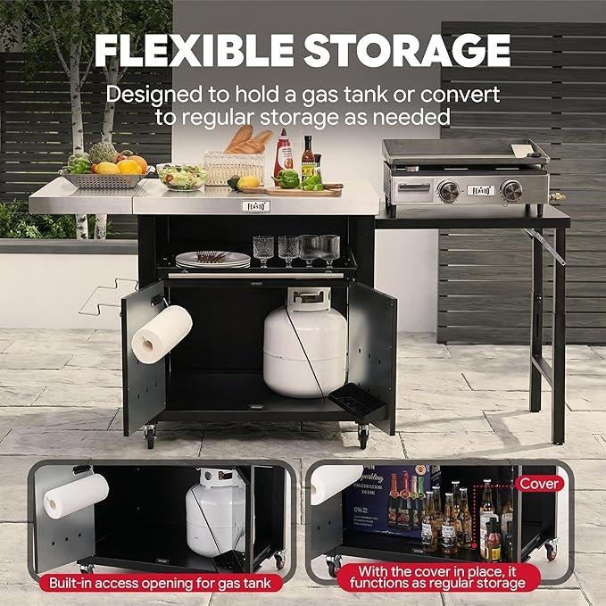 Outdoor Kitchen Island with Cabinet, Outdoor Grill Table with Stainless Steel Top for Pizza Oven& Griddles, Movable Bar Cart with Pull-Out Plate for Parties& Gathering, Heavy-Duty, L74”x W24”