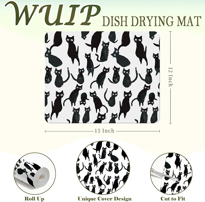Black Cat Dish Drying Mats for Kitchen Counter, Cat Lover Gifts, Funny Black Cats Absorbent Reversible Coffee Bar Mat Drying Pad for Kitchen Decor, 12x15 Inch
