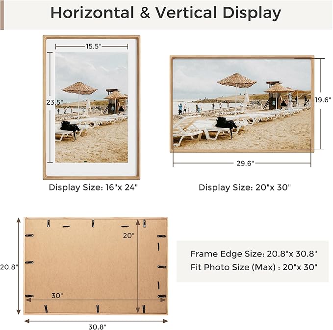 Heimlove 20x30 Picture Frames Natural Oak,Original Wood Hand Make Crafted Poster Frame with Mat to 16x24 Graduation Picture Display,Family Picture,Wedding Picture,Photo,Document Wall Decoration