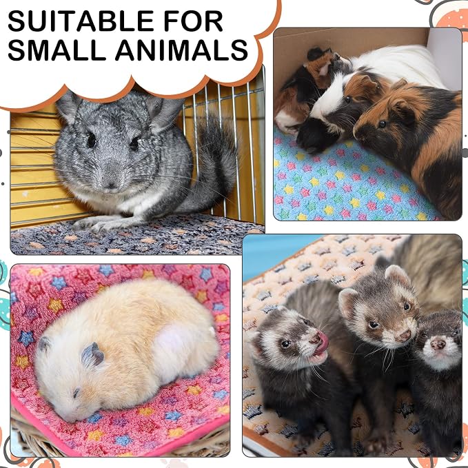 Reginary 4 Pcs Guinea Pig Fleece Blankets, Star Pattern, 12 x 12 Inch | Waterproof Washable Cage Liners, Absorbent Double Layer Bedding for Guinea Pigs, Reusable Pads for Hamsters Rabbits