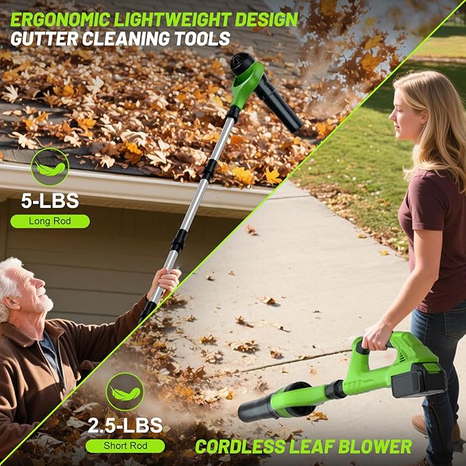 Roof Gutter Cleaning from The Ground, 21V Leaf Blowers Cordless with 2 Battery, Adjustable Pole (98inch)3 Speed Modes 500CFM/180MPH for Gutter Cleaner Extension Attachment Kit for Garden,House