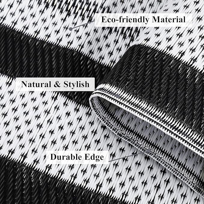Patio Modern Border Outdoor Rug 10x14 Waterproof Large Reversible Camping Mat Foldable Lightweight Plastic Straw Outdoor Rug for Deck, Picnic, Porch, Camper, Balcony, Beach, Rv，Black/White