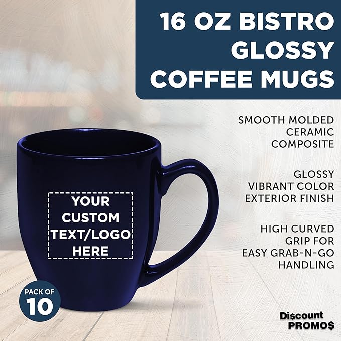 Custom Large Coffee Cups 16 oz. Set of 10, Personalized Bulk Pack - Perfect for Tea, Espresso, Cappuccino, Hot Cocoa - Blue