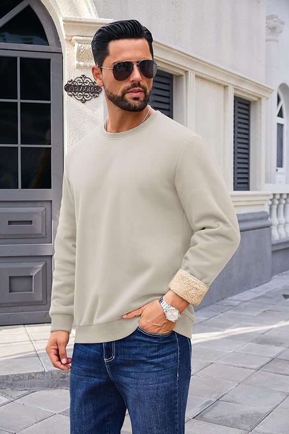 Boladeci Men's Full Sherpa Lined Crewneck Sweatshirts Heavy-weight Fleece Pullover Thick Thermal Long Sleeve Cotton