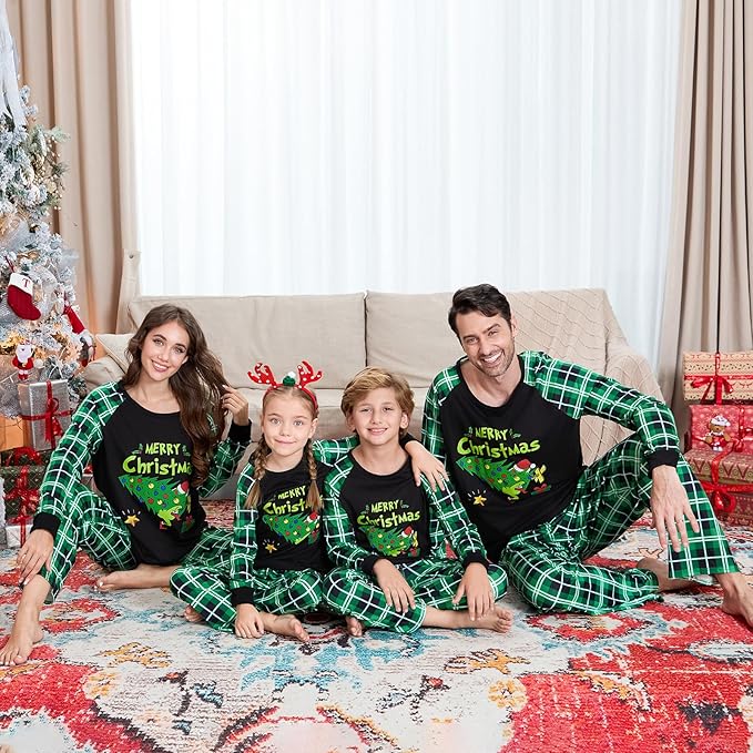 Christmas Family Pajamas Set Matching Holiday Plaid Sleepwear Set Reindeer/Tree Print Loungewear for Xmas Eve