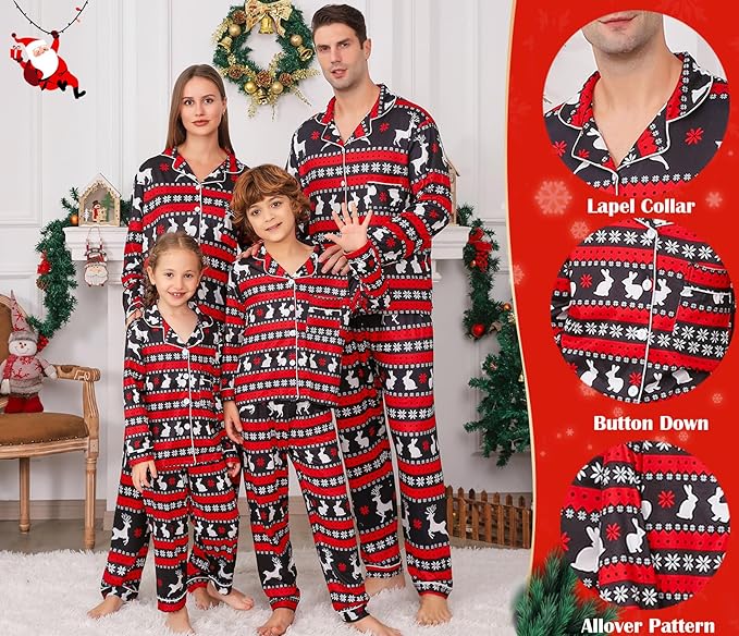 ANGELGGH Family Christmas PJs Matching Sets 2 Pcs Festival Party Pajamas Holiday Warm Sleepwear Couples Button Loungewear