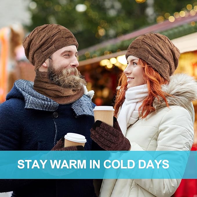 Winter Fleece Lined Beanie Hat Scarf Sock Touchscreen Gloves Set for Men Women