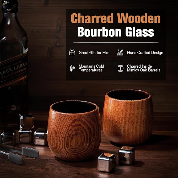 Charred Wooden Bourbon Drinking Glass, 2 Handcrafted Whiskey Tumblers | Bourbon Gifts for Men | Charred Old Fashioned Glass | Unique Whiskey Gifts for Men, Dad, or Brother - Includes 6 Metal Ice Cubes
