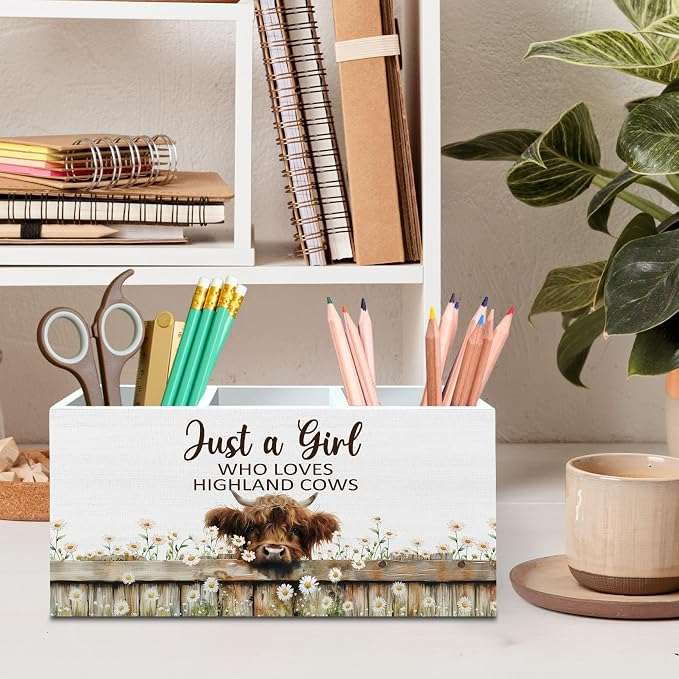 DILSJ Highland Cow Decor Pen Pencil Holder Organizer for Desk, Highland Cow Gifts for Women, Just a Girl Who Loves Cows Wooden Box Signs for Home Office Desk Tabletop Decoration