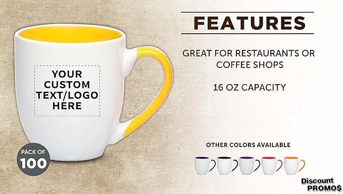 Custom Bistro Style Large Coffee Mugs 16 oz. Set of 100, Personalized Bulk Pack - Perfect for Coffee, Tea, Espresso, Hot Cocoa, Other Beverages - Yellow