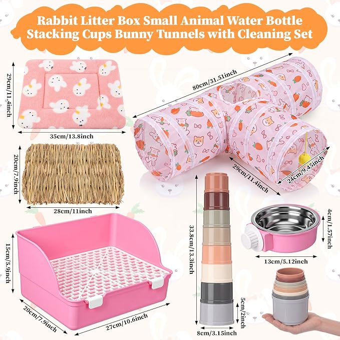 34 Pcs Rabbit Starter Kit Rabbit Litter Box Small Animal Water Bottle Cups Bunny Tunnels Animal Grooming Kit Bowl Blanket with Cleaning Set for Guinea Pig Bunny(Style 3,Sakura Pink)