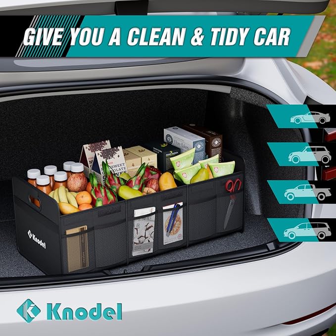 K KNODEL Car Trunk Organizer, Foldable Organizer for Car, Automotive Consoles & Organizers, 3 Compartments Storage with Reinforced Handles (Large, Black)