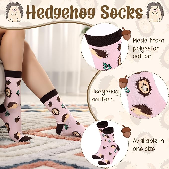 Talltalk 6 Pcs Hedgehog Gifts for Women Hedgehog Lover Gift Set, Socks Canvas Bag Makeup Bag Spiral Notebook Ballpoint Pen and Stainless Steel Keychain for Christmas Birthday Graduation Thanksgiving