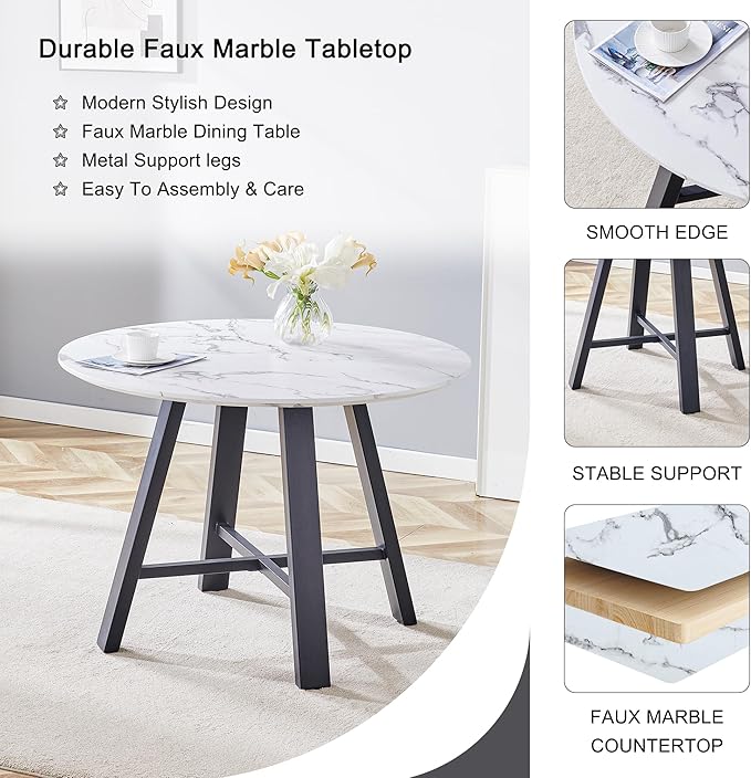 Round Dining Table Set for 4, Round Kitchen Table and Chairs Set for 4, 42 Inch Modern White Circle Dining Table Set of 4 with Upholstered PU Leather Chairs for Small Space Kitchen Living Apartment