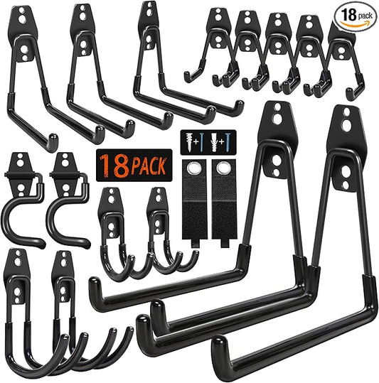 18 Pack Garage Hooks Heavy Duty - Anti-Slip Coating， Garage Storage Hooks for Hanging Bike，Ladder，Garden Tools，Hose