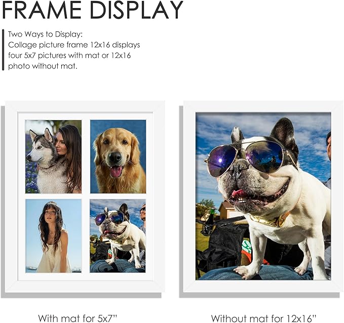 12x16 Picture Frame 5x7 Collage Picture Frame Displays Four 5x7 inch Photos or 12x16 (Without Mat) for Available Horizontal Wall Mounting Display and Vertical White