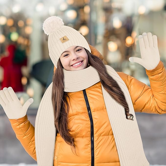 LOROME Women Winter Beanie Hat Scarf Gloves Set, Fleece Knitted Pompom Hat Warm Neck Scarf Touchscreen Gloves Winter Gift