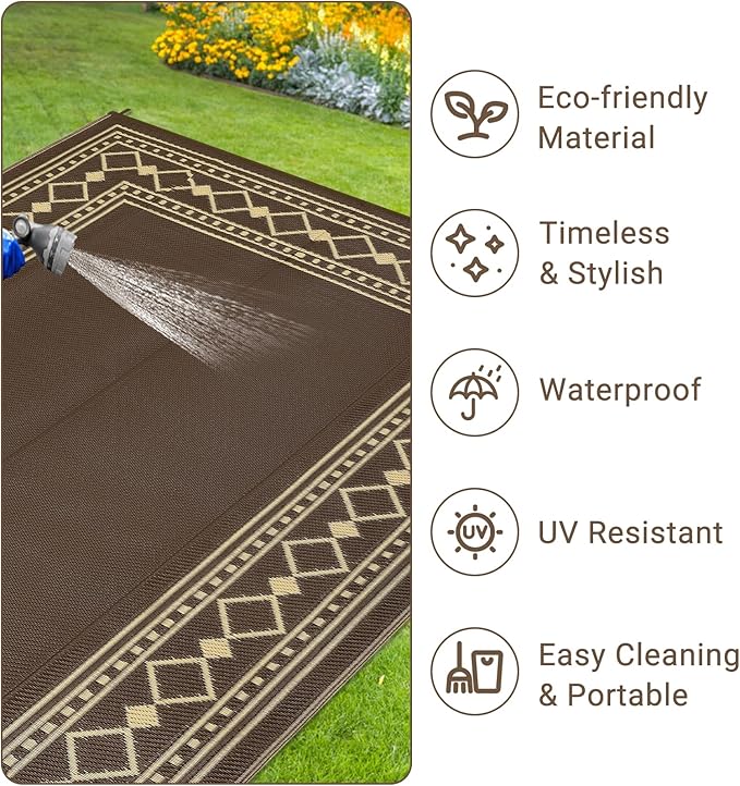 8x10 Outdoor Rug,Waterproof Geometric Plastic Straw Carpet,Easy Cleaning Folding Uv Resistant Picnic Camping Mat,Lightweight Outdoor Carpet,Brown/Coffee
