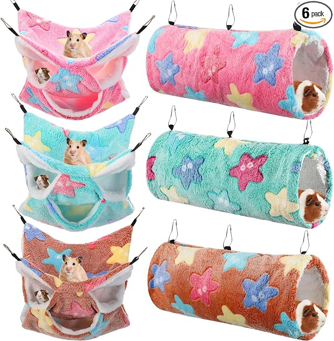 Sweetude 6 Pcs Rat Hammock Set Ferret Hanging Tunnel 3 Tier Guinea Pig Hammocks Hideout Soft Chinchilla Bed for Cage Accessories Hide,Play and Sleep(Dreamy,Star)