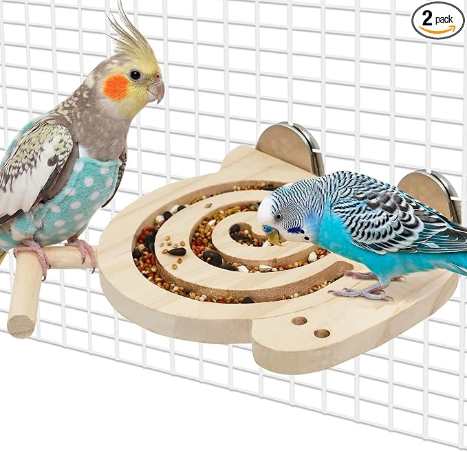 2pcs Bird Foraging Toy with Perch for Novice/Older/Slow-Learning Bird | Kiln-Dried Wood Bird Enrichment Toys for Slow Feeder, Parakeet Puzzle Toy for Cages Reduce Seed Mess, Visible Food Design