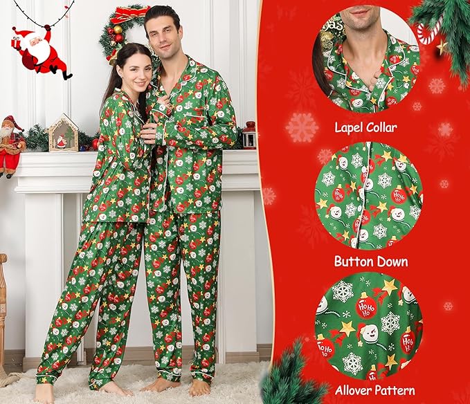 ANGELGGH Family Christmas PJs Matching Sets 2 Pcs Festival Party Pajamas Holiday Warm Sleepwear Couples Button Loungewear
