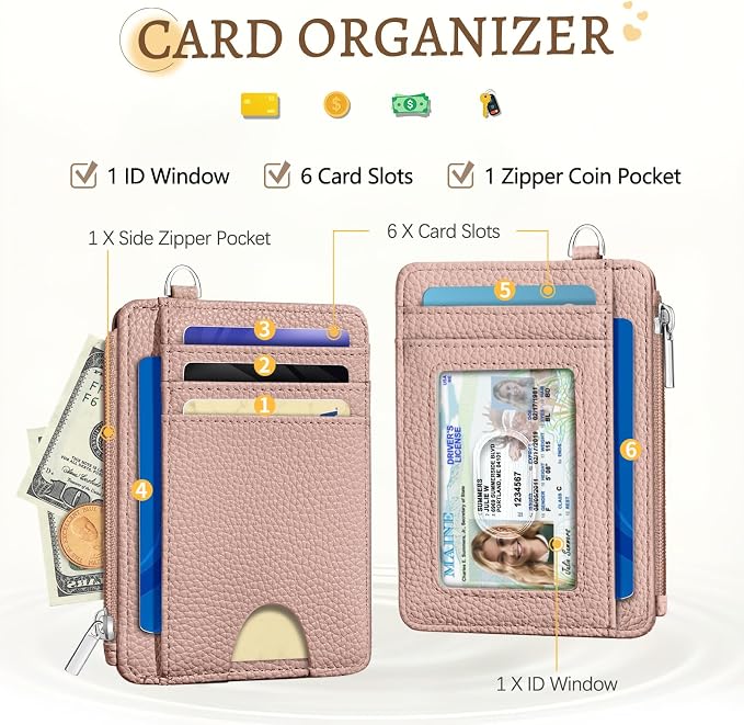 Kelvoris Credit Card Holder Small Wallet Women, Slim RFID, Blush | Keychain, Zipper Coin Pocket, Front Pocket Thin Travel Card Case, Minimalist, 6 Card Slots, 1 ID Window, Ladies Gifts Woman